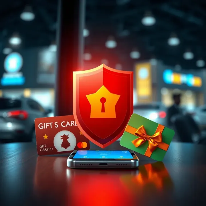 Ensuring Safe and Reliable Gift Card Trades in Nigeria's Digital Market Conceptual graphic of secure digital transaction with shield icon, gift cards, and mobile device symbolizing safety in online trading