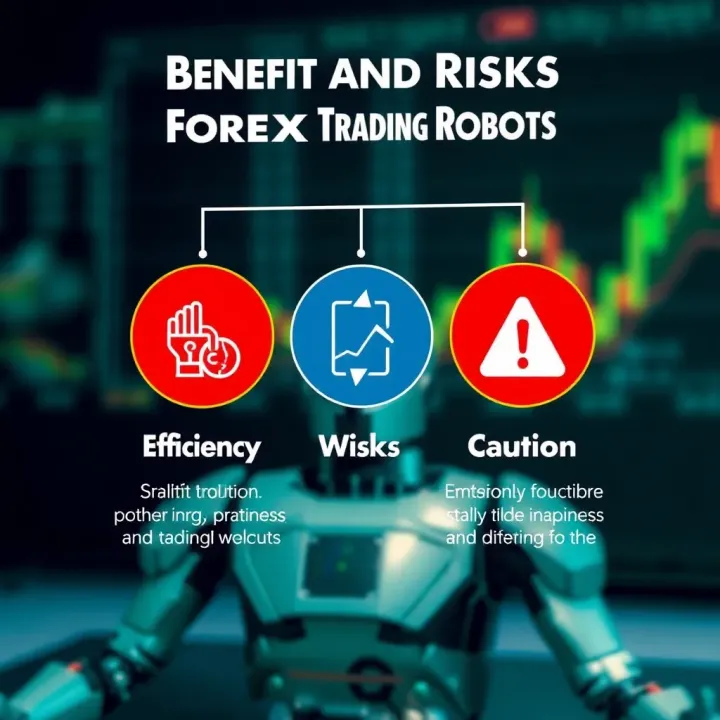 Conceptual graphic showing benefits and risks of forex trading robots with icons representing efficiency, emotion control, and caution