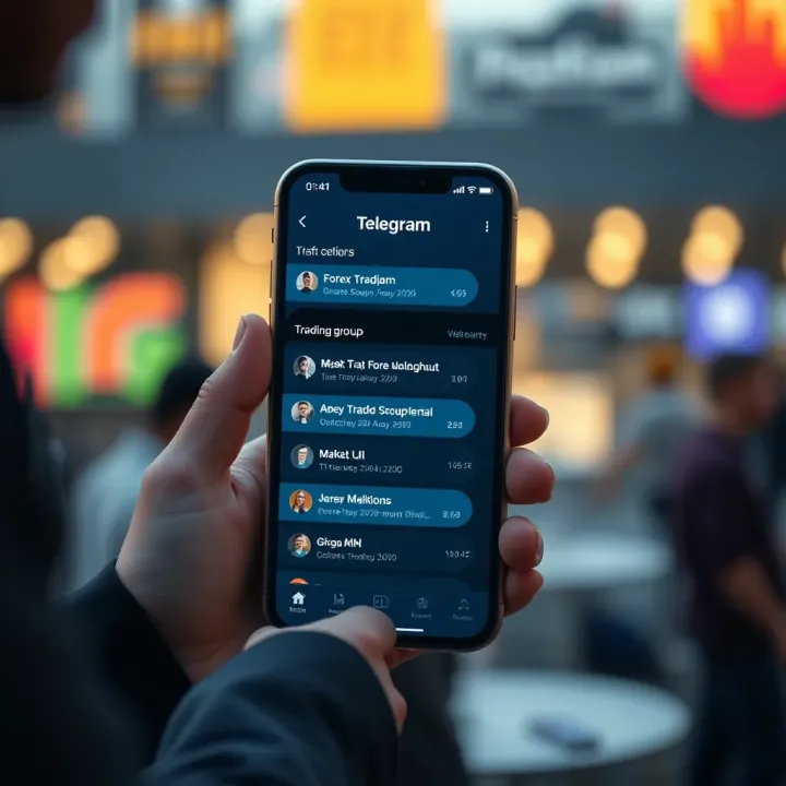 Mobile phone screen displaying a Telegram app interface with a forex trading group chat showing market updates and trading signals