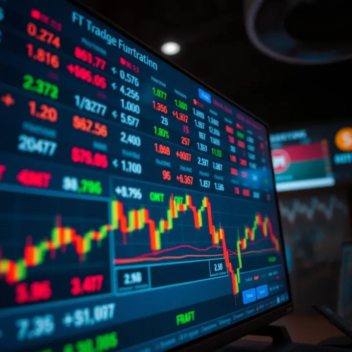 Conceptual representation of currency trading with fluctuating exchange rates on screen