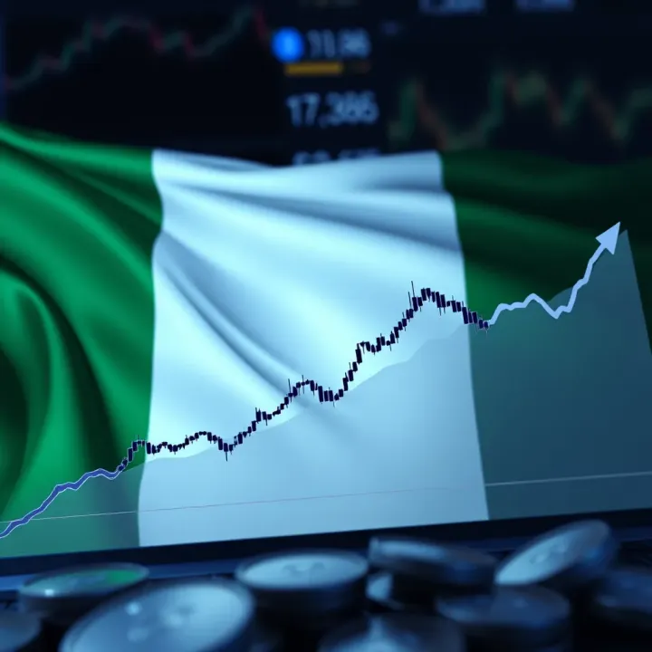 Graph showing upward and downward forex currency trends with Nigerian flag in the background