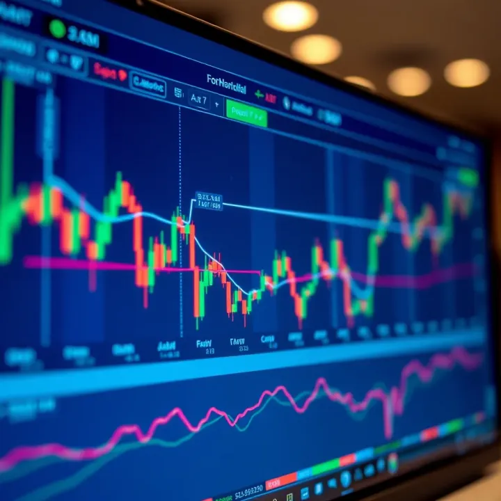 Digital interface showing forex trading charts and indicators on a computer screen