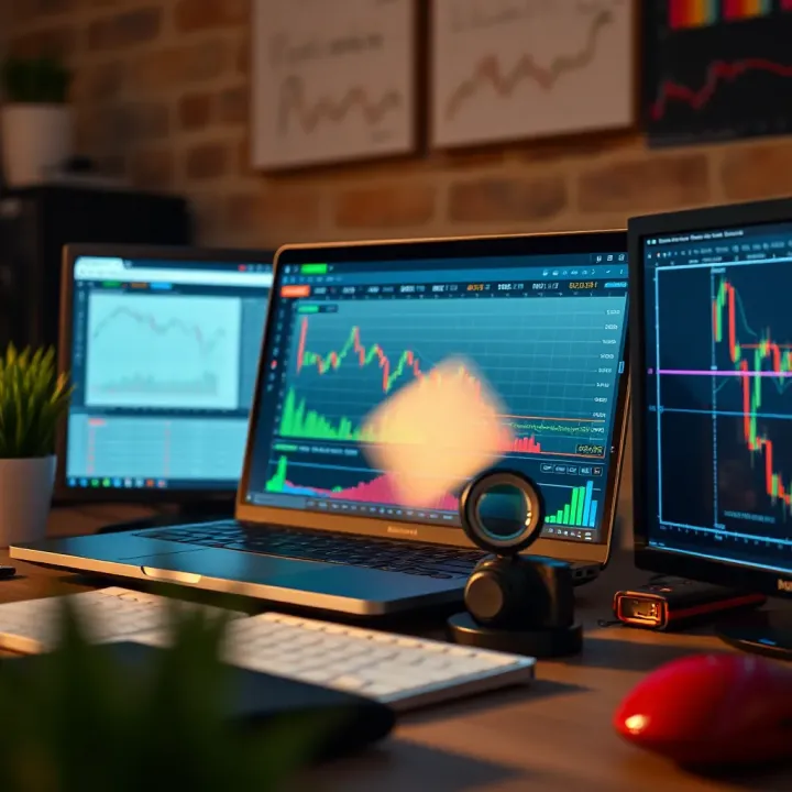 A desk setup showing a laptop with forex strategy graphs and notes on managing trading risks