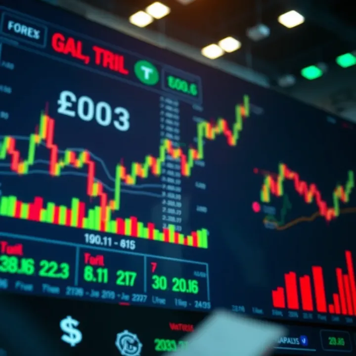 Digital representation of foreign exchange market with currency symbols and charts