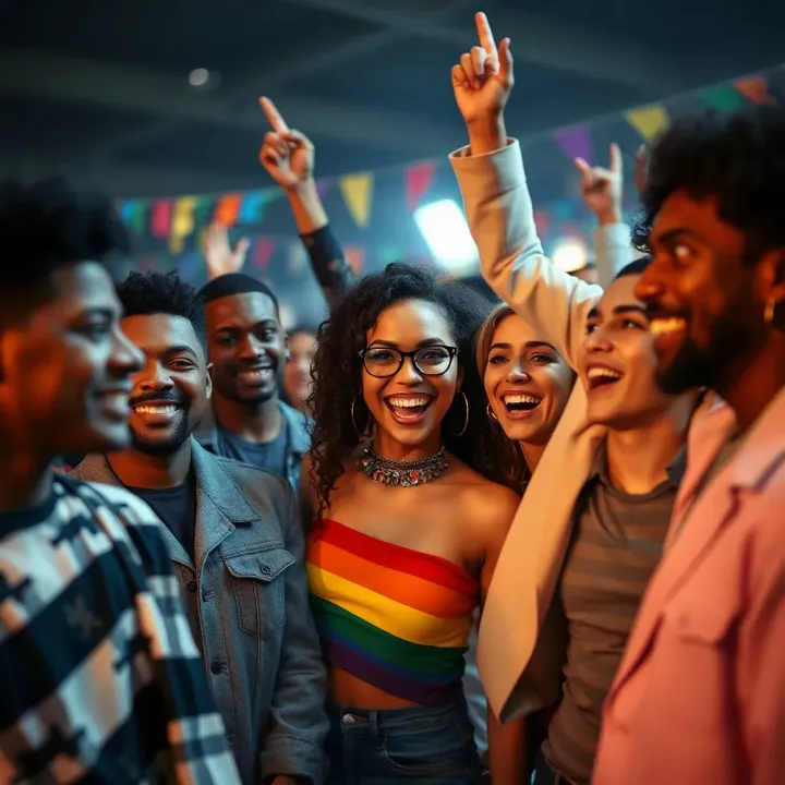 Diverse group celebrating gender diversity and inclusion at a cultural gathering