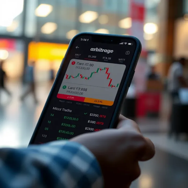 Mobile phone screen displaying arbitrage trading app interface with charts and price comparisons
