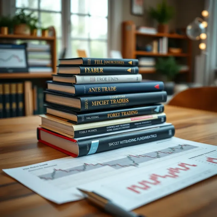 Stack of forex trading books with graphs and charts on a wooden table