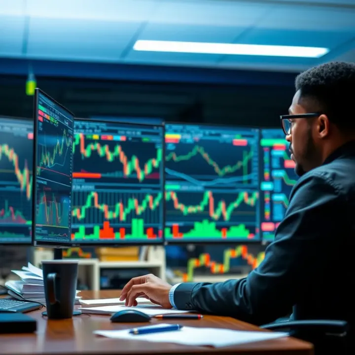 Illustration of a trader analyzing multiple charts and data to develop a forex trading strategy