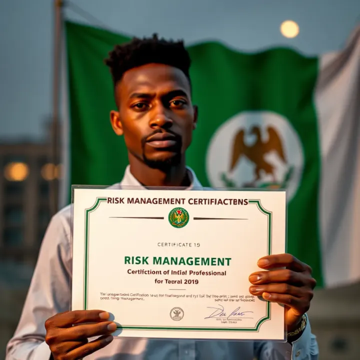 Professional holding a risk management certificate with a Nigerian flag in the background