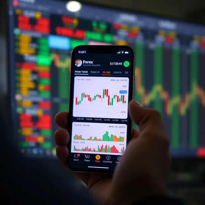 Mobile phone displaying forex trading app interface with charts and market data