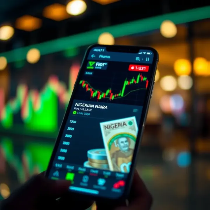 Mobile screen displaying forex trading charts and Nigerian Naira currency icons