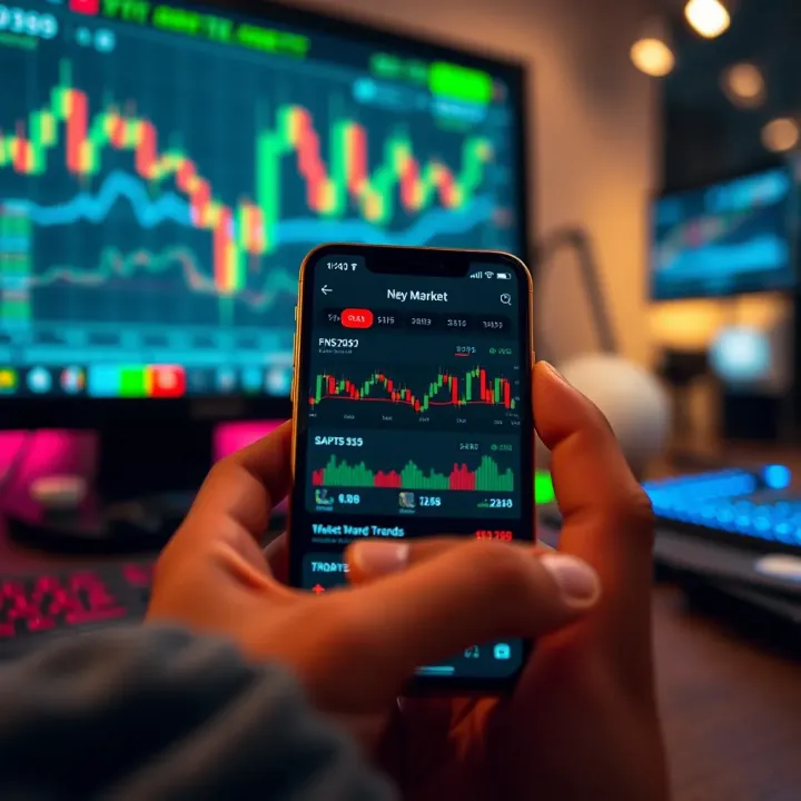 Mobile phone screen displaying a trading app interface with charts and market data