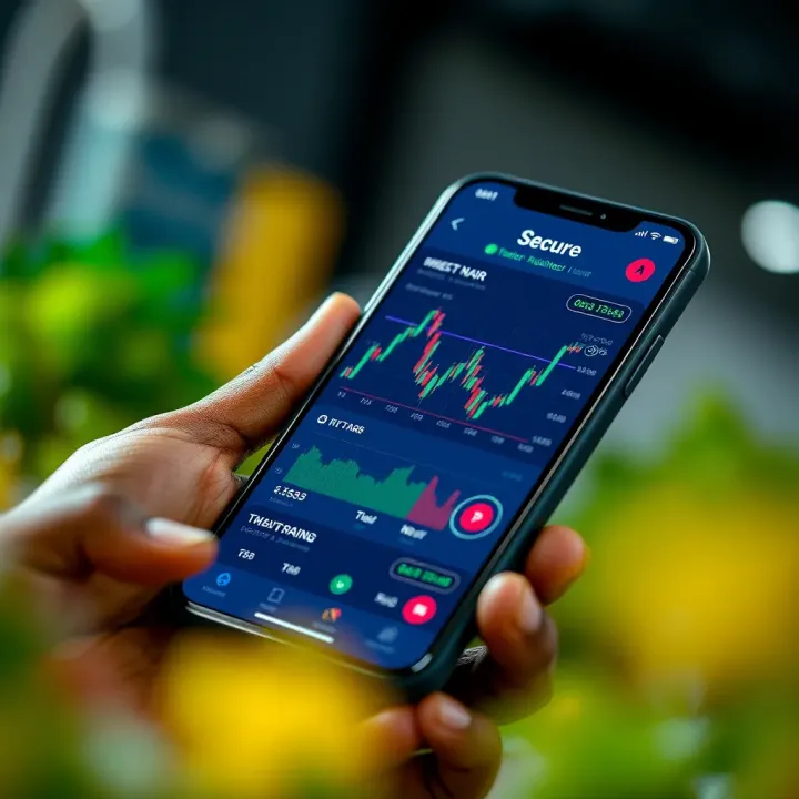 Mobile phone displaying a secure trading app interface with Nigerian Naira and cryptocurrency charts