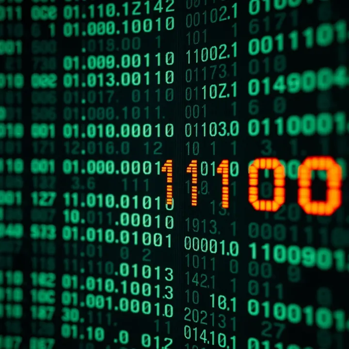 Visualization of binary digits forming digital data patterns on a dark background