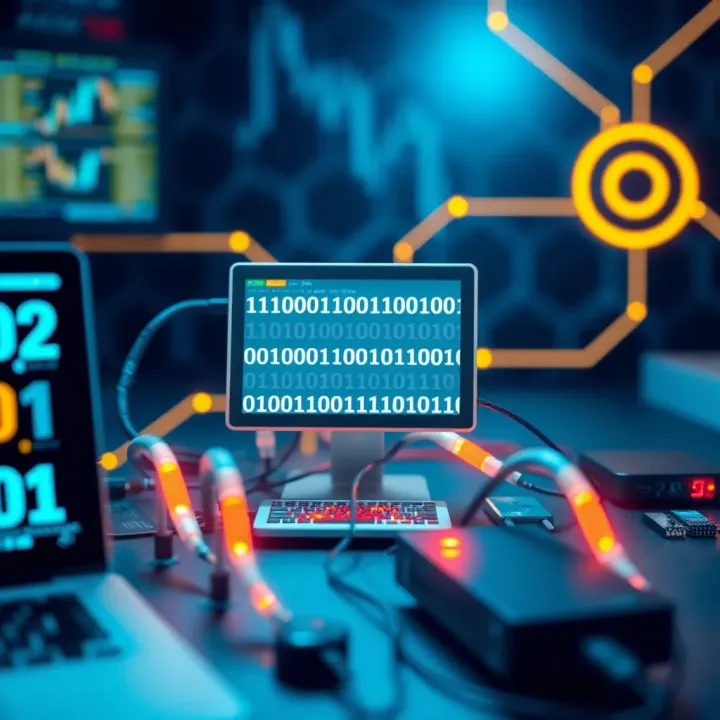 Binary Code in Digital Technology and Computing Visual representation of digital technology including computing devices connected by binary code