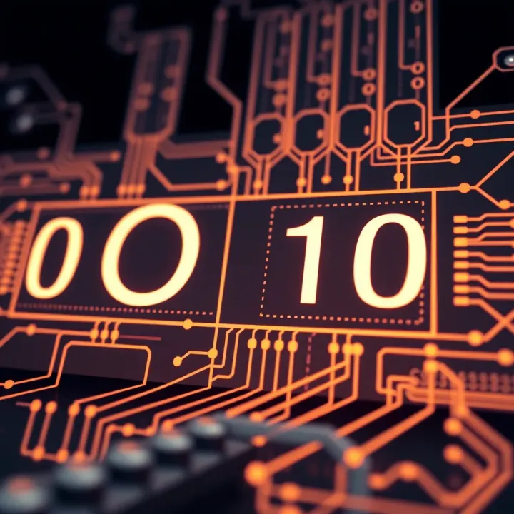 Diagram illustrating the binary number system with zero and one digits connected to digital circuits