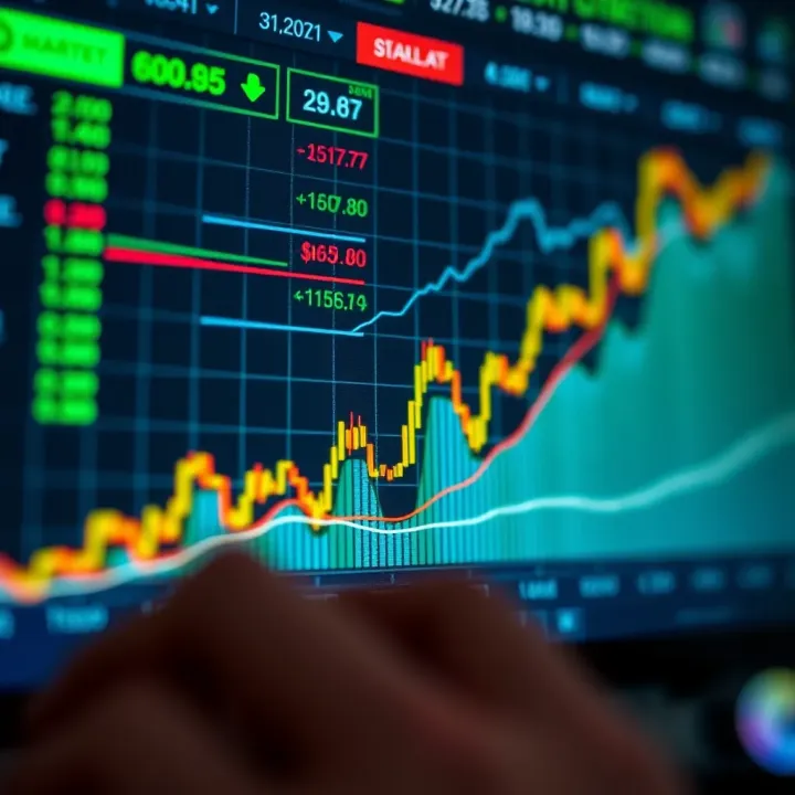 Graph showing upward and downward trends in financial trading on a digital screen