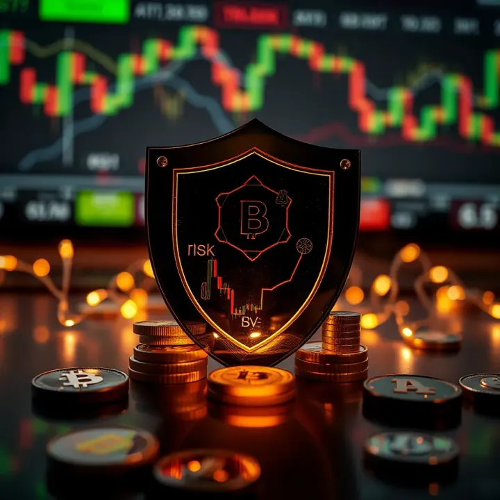 Conceptual graphic of risk management in crypto trading with protective shield and financial symbols