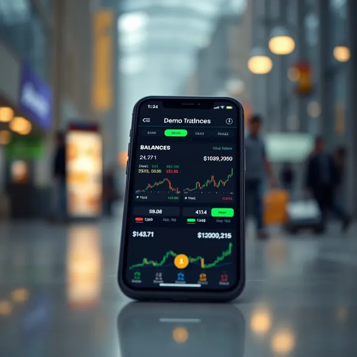 Mobile phone screen showing a demo trading app interface with virtual currency balances and stock charts