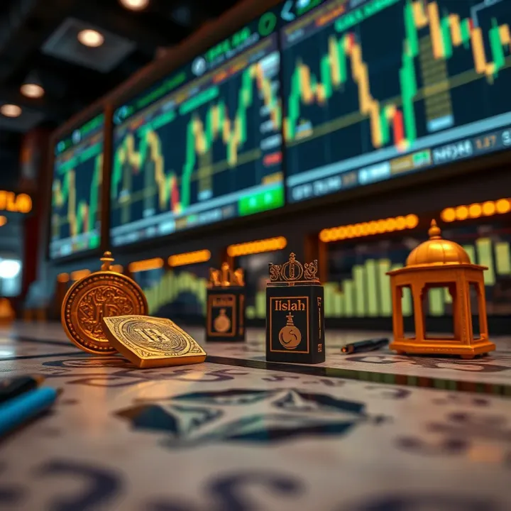 Islamic finance symbols and forex market charts representing ethical trading practices
