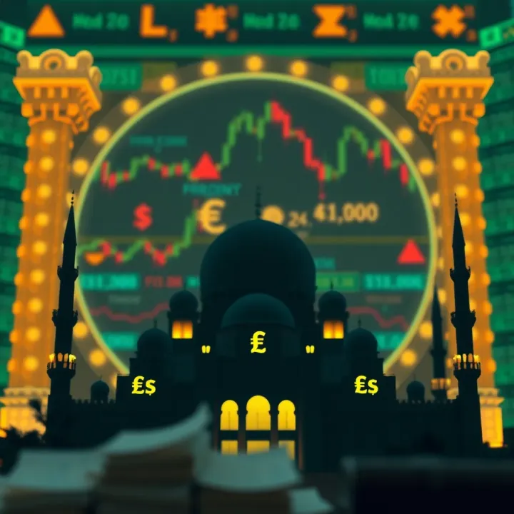 Navigating Shariah Guidelines in Forex Trading Forex currency exchange symbols with a mosque silhouette illustrating Shariah-compliant trading