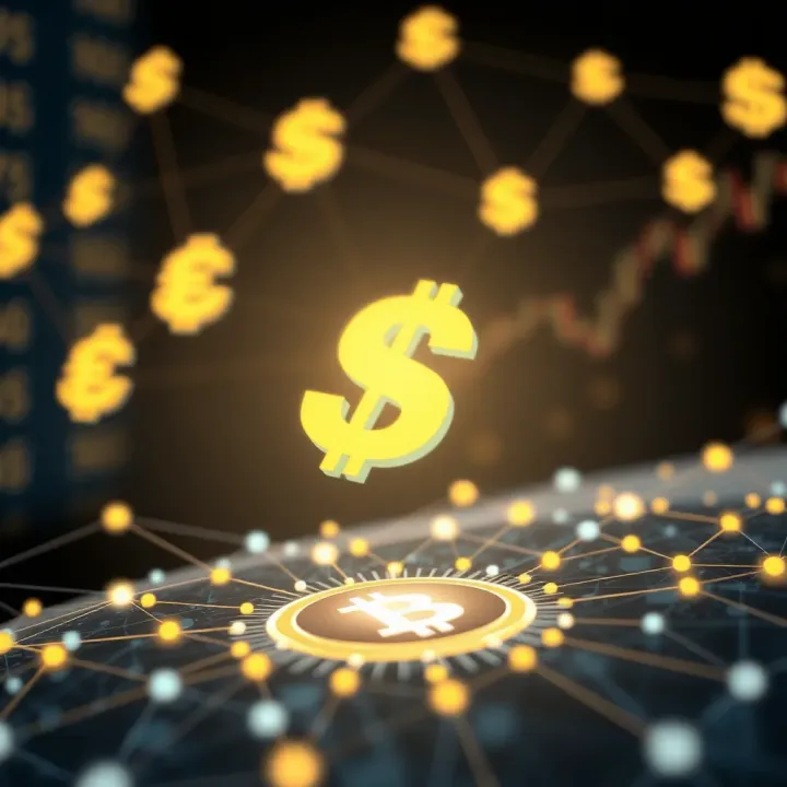 Abstract design featuring currency symbols interconnected by digital nodes representing forex trading networks