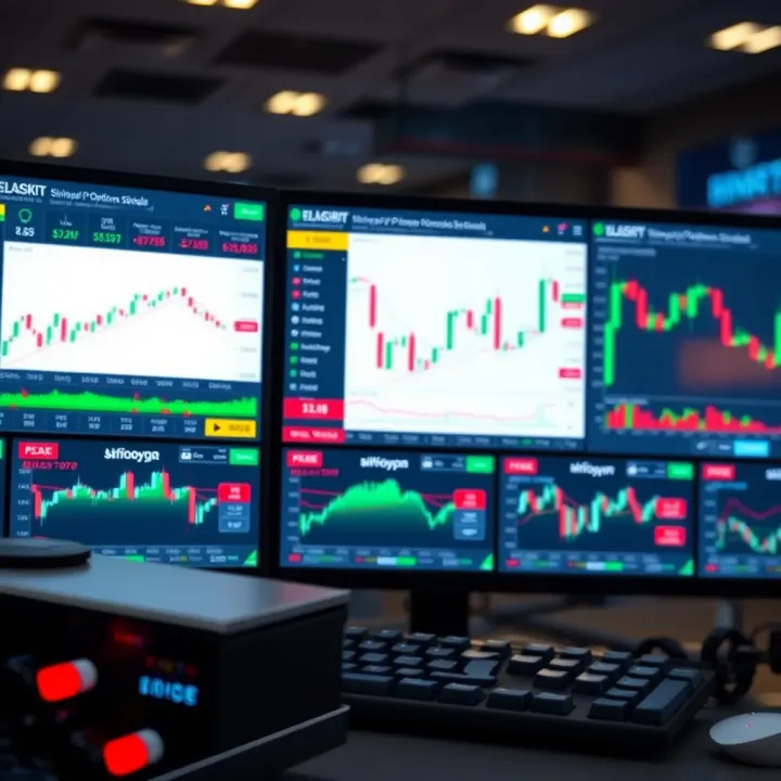 Digital interface displaying various trading platforms and signal tools for binary options
