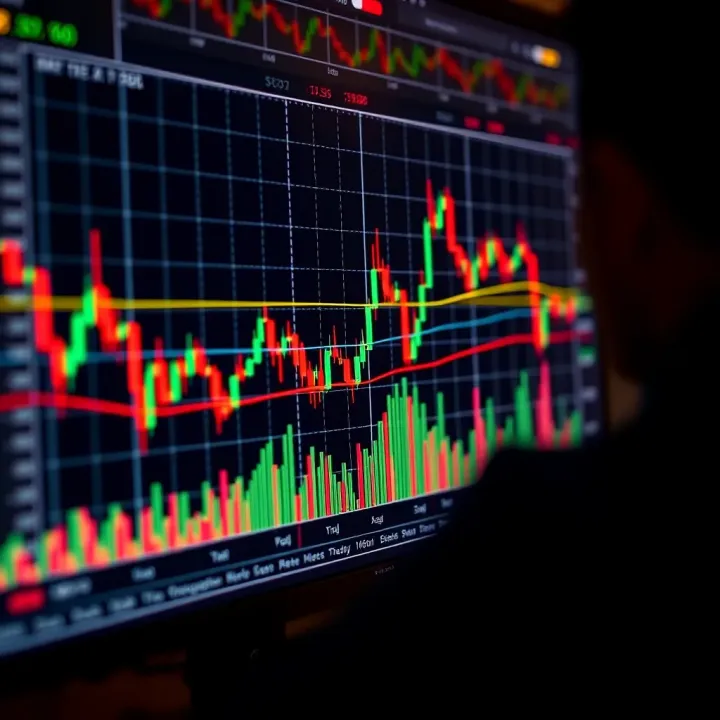 Chart showing binary options signals with indicators and trend lines on computer screen
