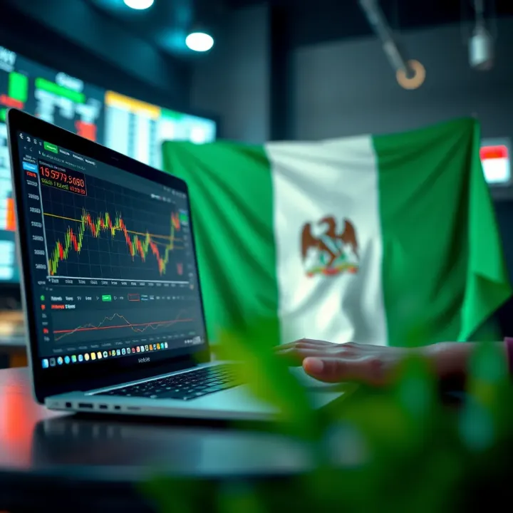 Automated forex trading system operating on a laptop with currency charts and Nigerian flag in background